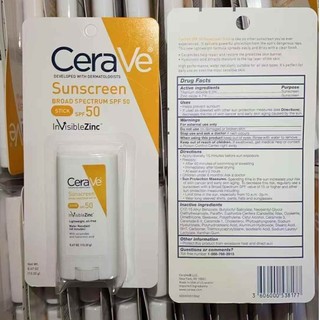  CeraVe Sunscreen Stick SPF50 13.32g White Solid Stick Portable Pack for Sensitive Skin CeraVe Sunscreen Stick SPF 50 InvisibleZinc 13.32g White Solid Stick Portable