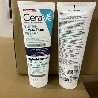  CeraVe Cleansing Clay Foaming Facial Wash 118ml, white tube with blue triangle logo. CeraVe Blemish Clay-to-Foam Cleanser For Blemish-Prone Skin 118ml